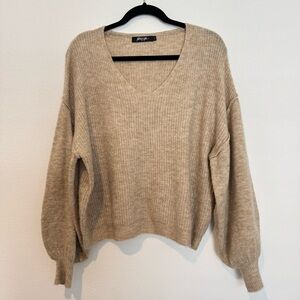 Nasty Gal Brown Balloon Sleeve V Neck Sweater
